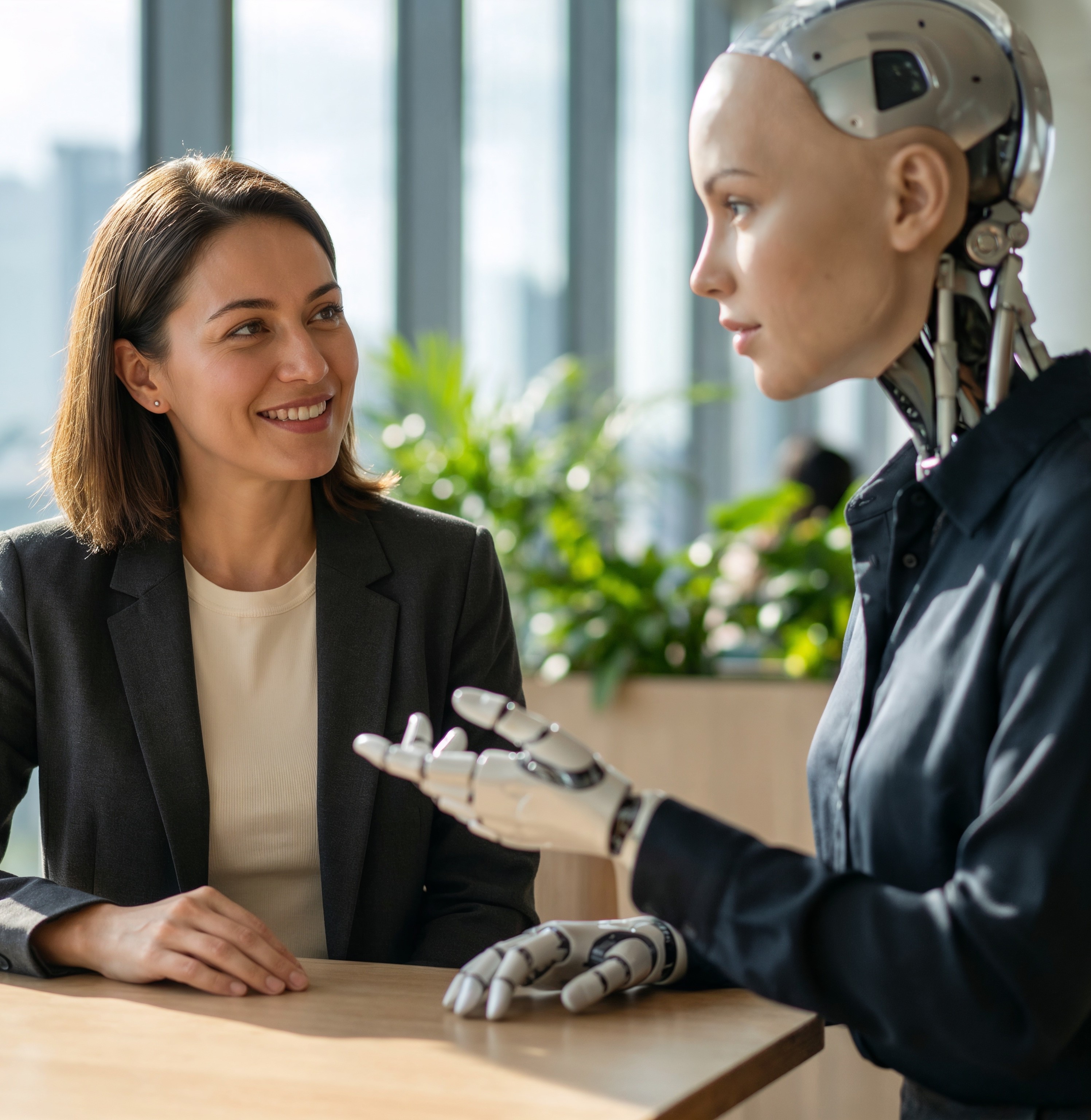 A businesswoman in conversation with a humanoid AI robot in an office
