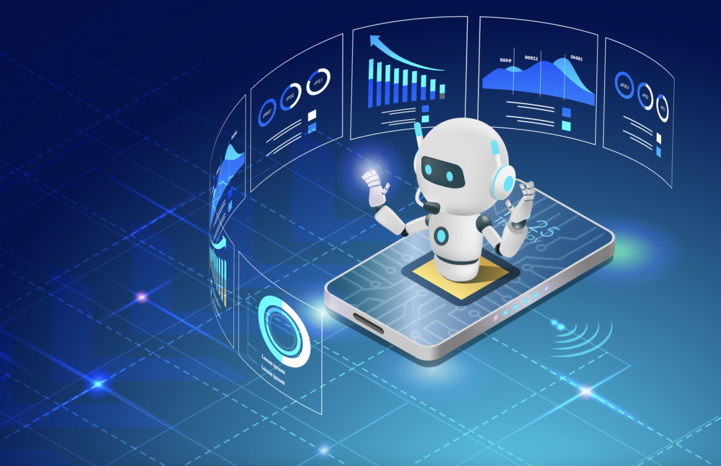 A robot assistant coordinating data across multiple connected screens