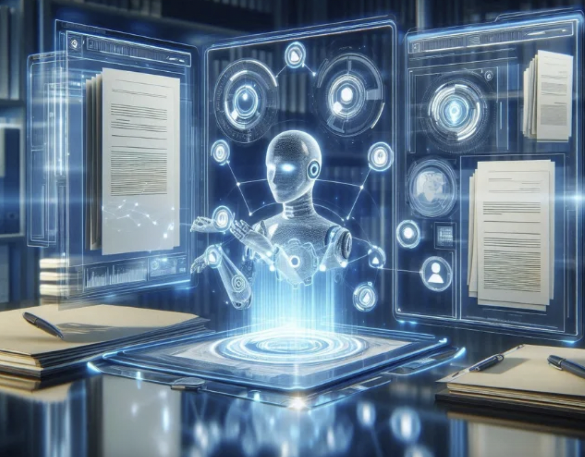 An AI figure surrounded by holographic document panels and data icons