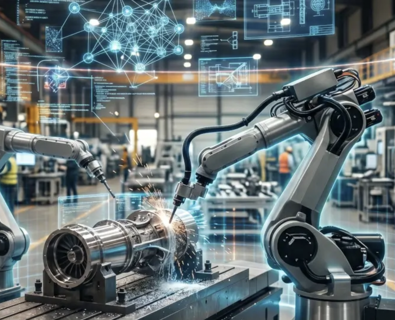 A robotic arm welding machinery on a factory floor with an AI knowledge network overlay