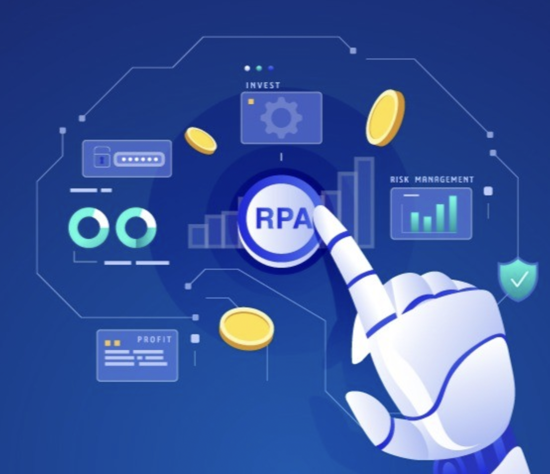 A robotic hand pressing an RPA control surrounded by risk management and profit dashboards